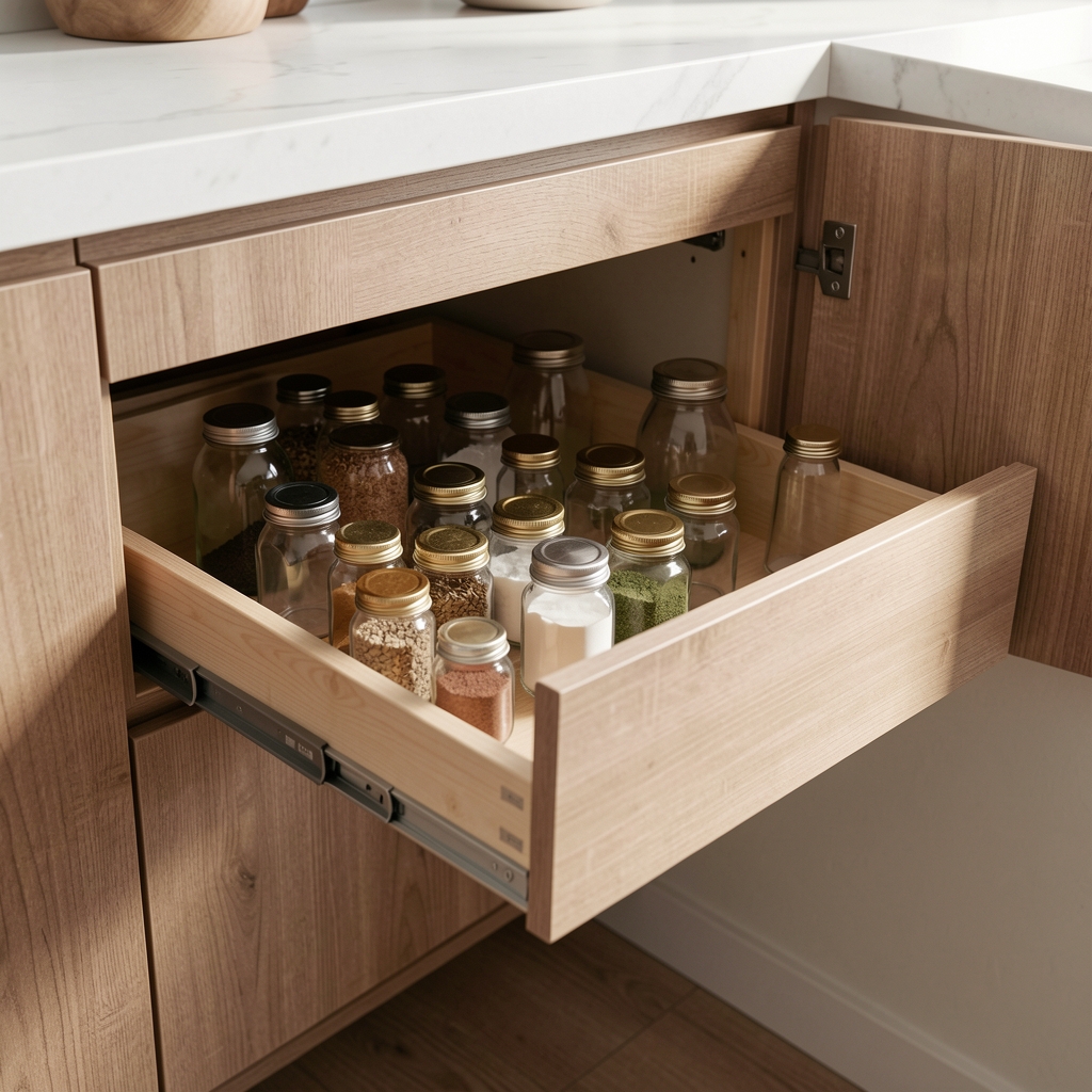 Bandeja extraíble de cocina instalada en un mueble bajo con frascos de vidrio ordenados