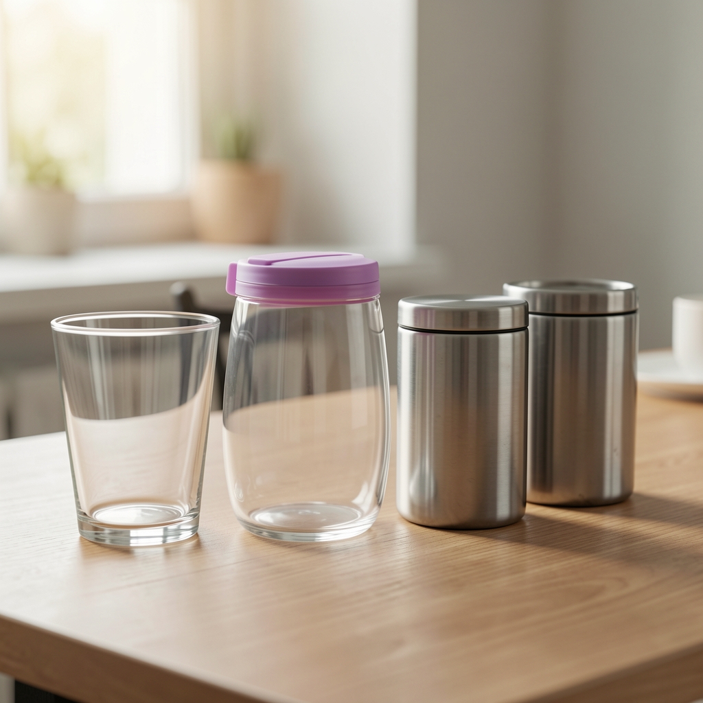 Recipientes de vidrio, plástico y metal alineados para mostrar diferencias de materiales de cocina