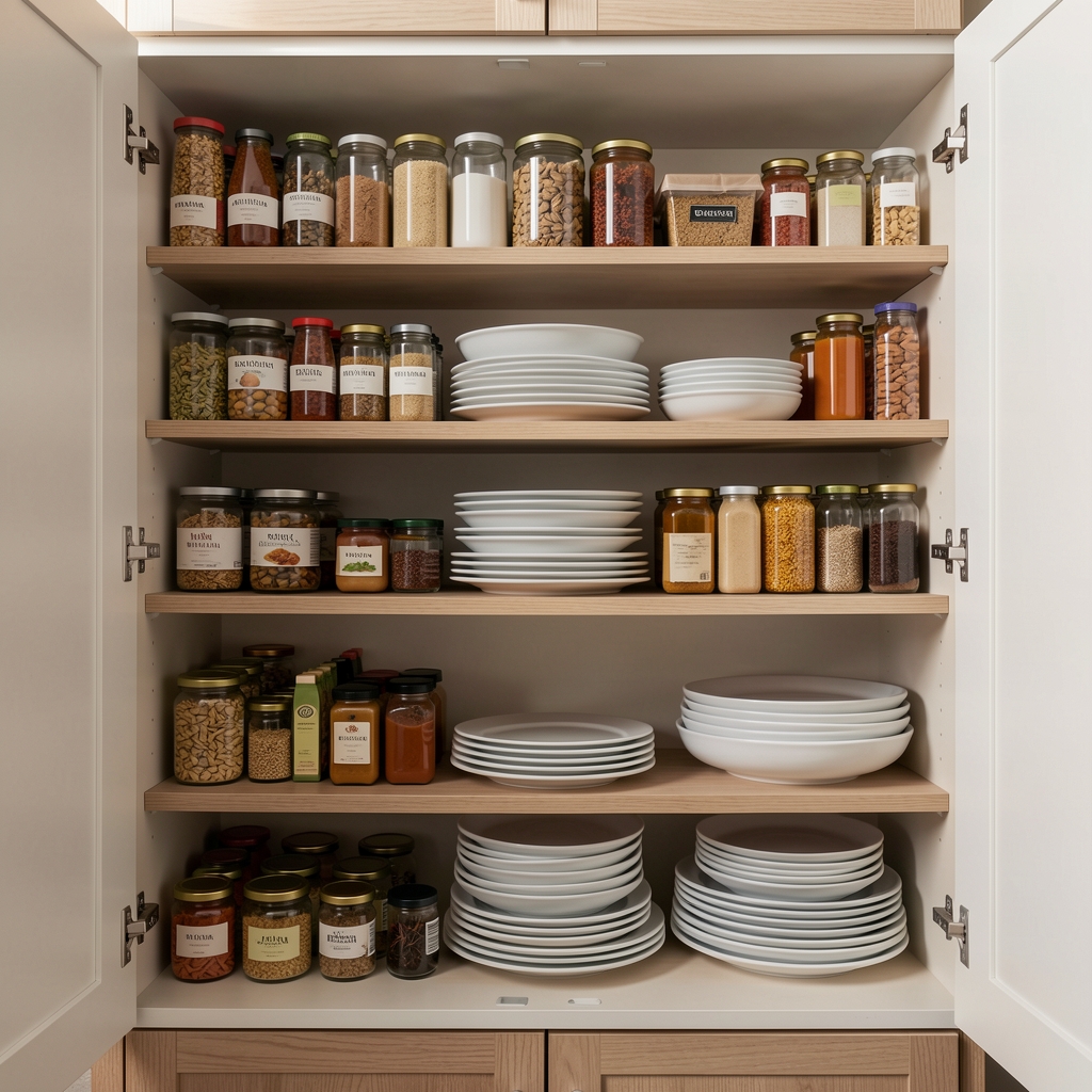 Cocina compacta mostrando frascos y platos organizados en distintos niveles verticales