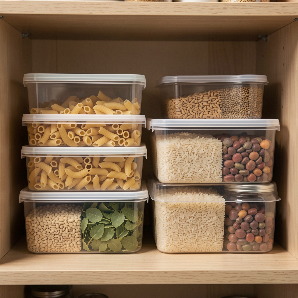 Cajas transparentes para alimentos con pasta, arroz y legumbres ordenadas en una repisa de despensa