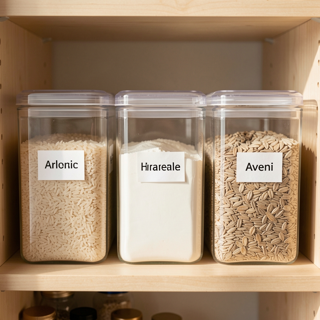 Cajas transparentes etiquetadas con arroz, harina y avena alineadas en una despensa pequeña y luminosa
