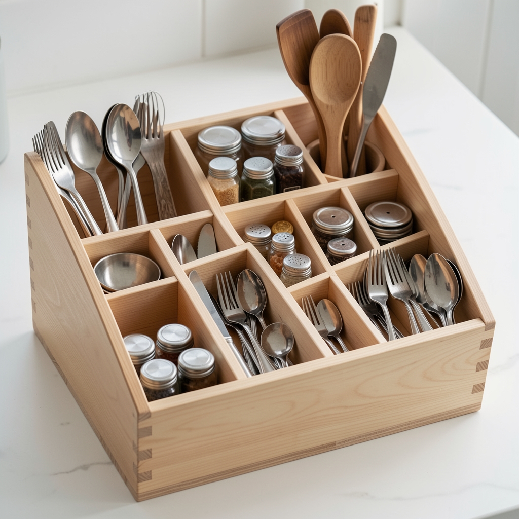 Cajón de cocina con separadores ajustables de madera clara dividiendo utensilios y cubiertos por categoría