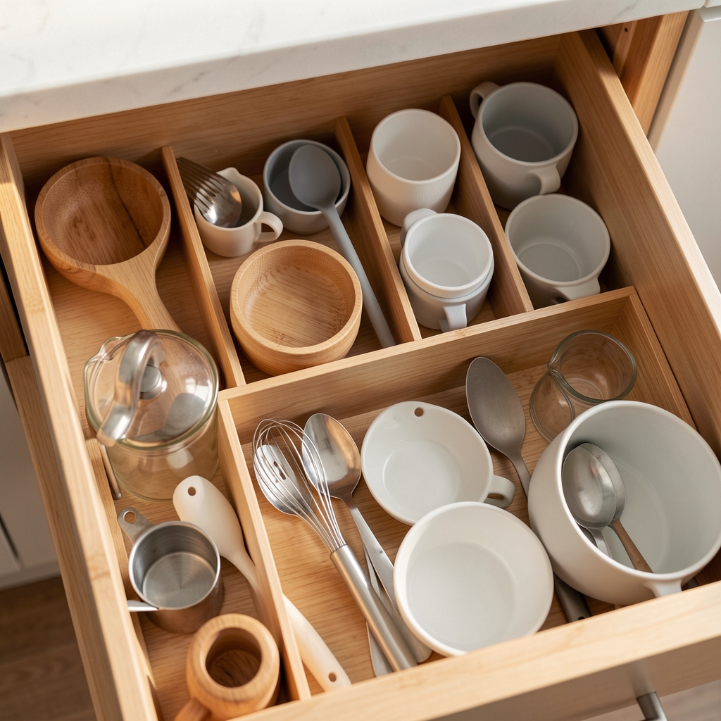Utensilios de cocina de madera y silicona organizados en compartimentos separados dentro de un cajón