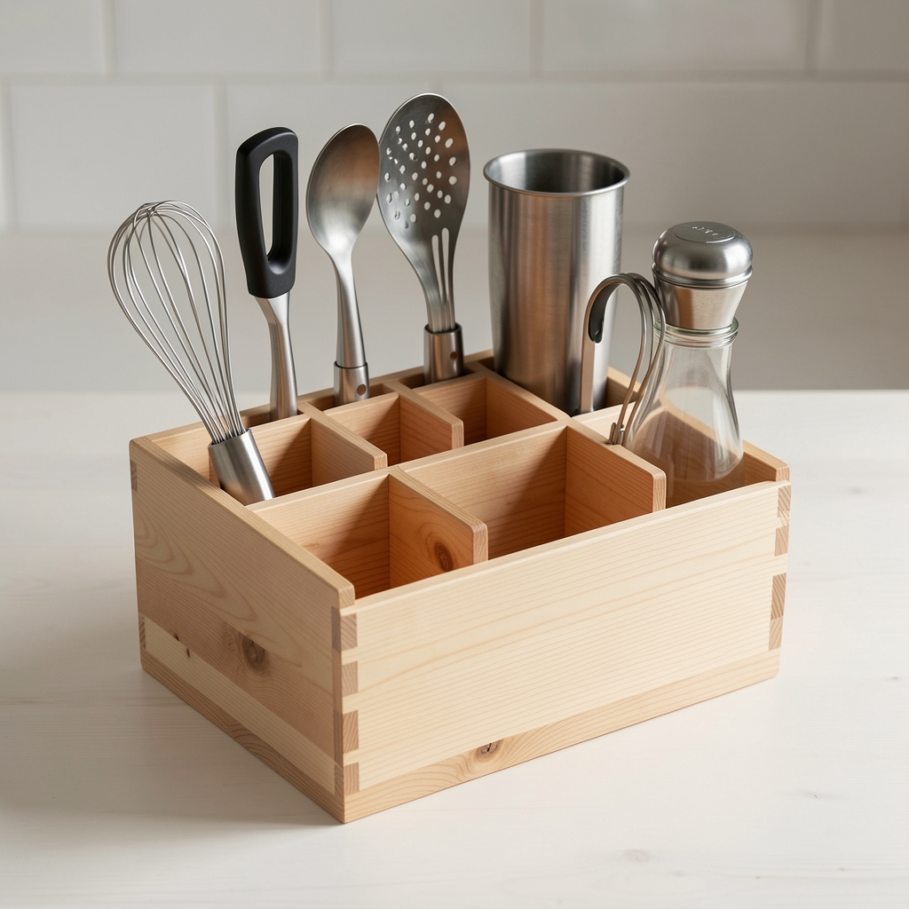 Cajón de madera claro con separadores ajustables y utensilios de cocina ordenados por tamaño