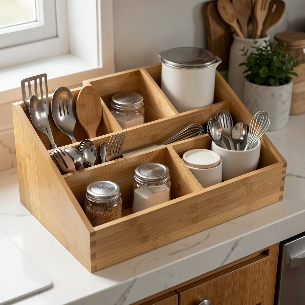 Cajón amplio de cocina con separadores de bambú y utensilios agrupados por función