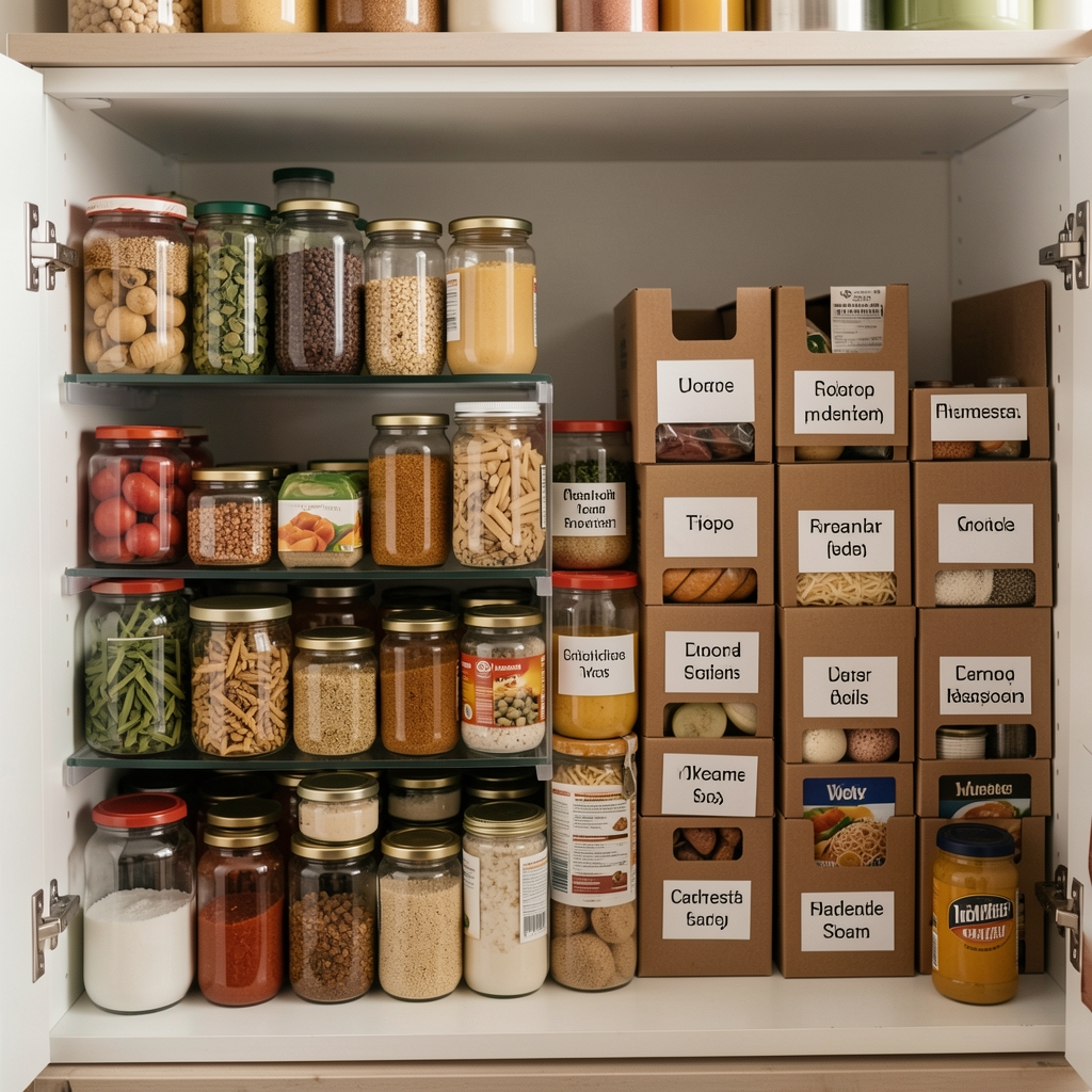 Despensa doméstica con frascos transparentes y cajas apilables etiquetadas por tipo de alimento