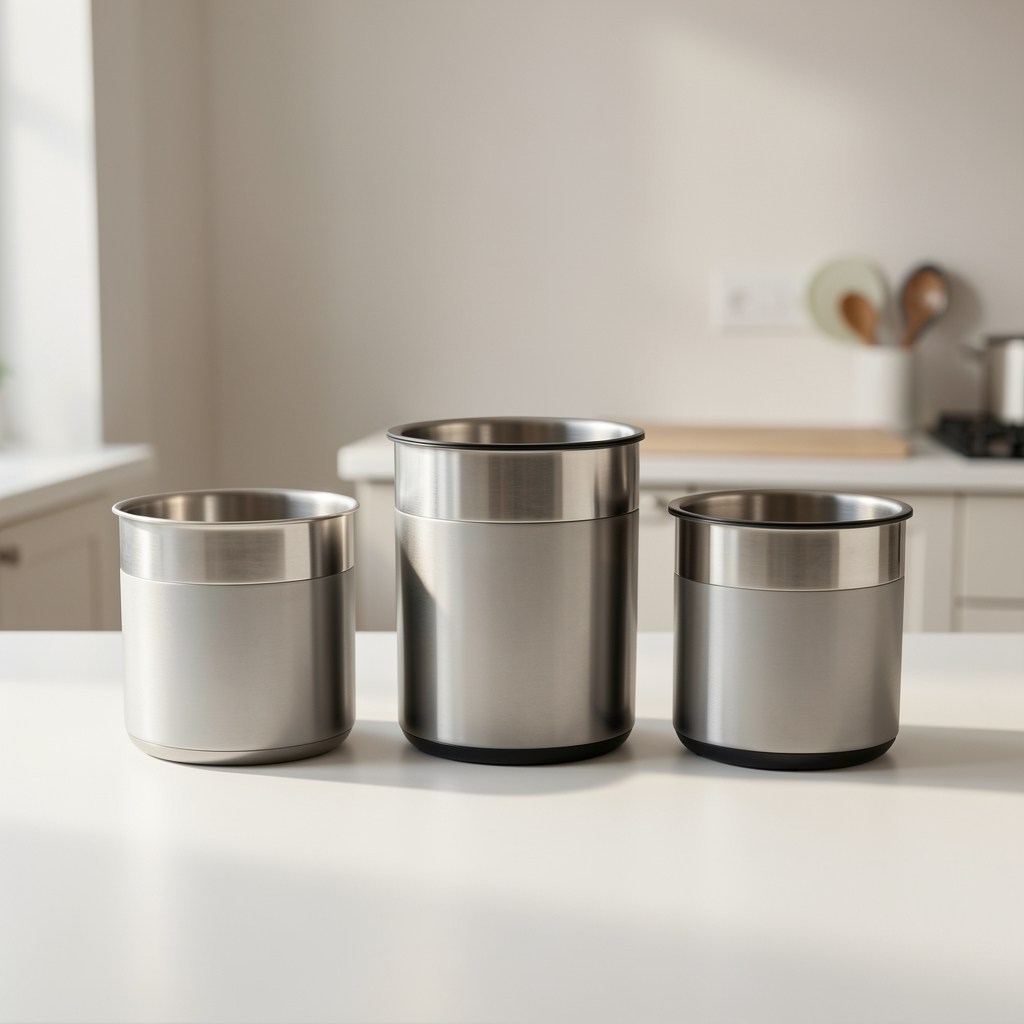 Tres organizadores de cocina de diferentes tamaños colocados sobre una mesa clara para comparar sus formas y capacidades