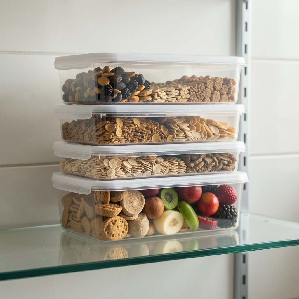 Contenedores transparentes apilables con tapa hermética y alimentos secos visibles sobre una repisa clara