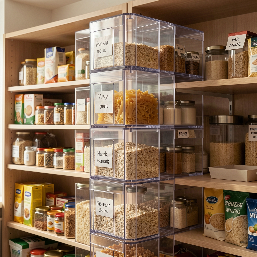 Torre de contenedores transparentes con avena, pasta y arroz etiquetados en una despensa ordenada