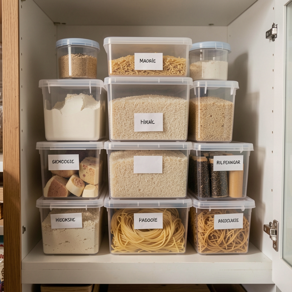Despensa pequeña con cajas transparentes apilables etiquetadas conteniendo harina, arroz y fideos