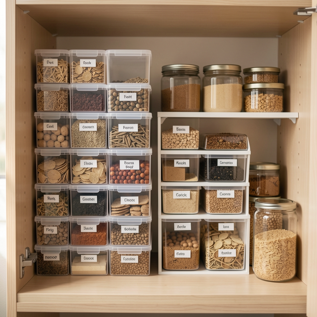 Despensa pequeña con cajas transparentes apilables, etiquetas y alimentos secos organizados por categoría