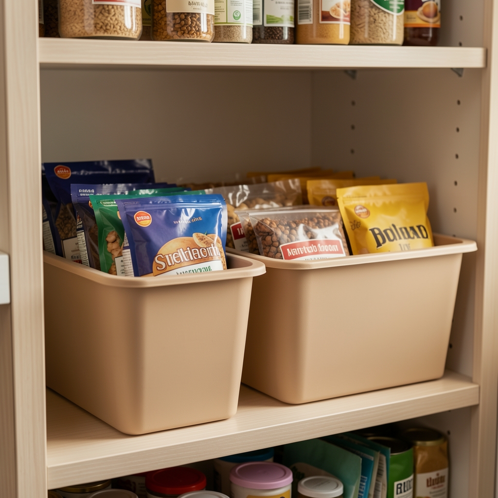 Cajas organizadoras color arena con paquetes de alimentos secos visibles en una despensa doméstica
