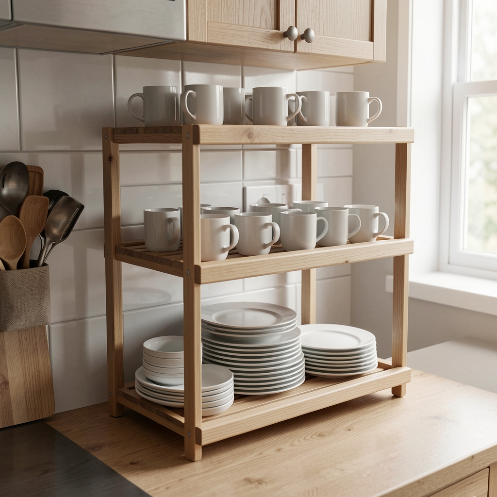 Alacena de cocina con dos estantes apilables creando niveles adicionales para tazas y platos