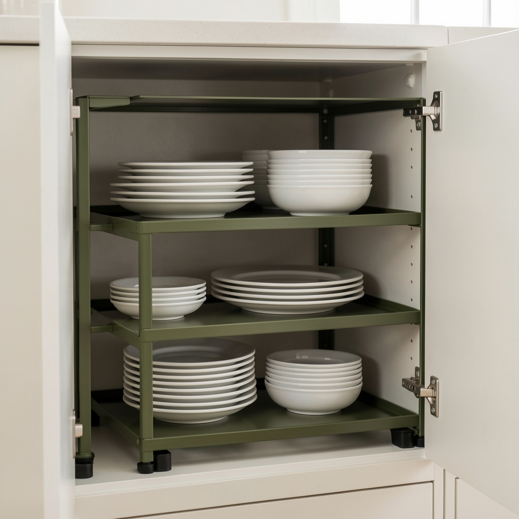Estantes apilables de metal oliva con platos blancos organizados en dos niveles dentro de un mueble de cocina