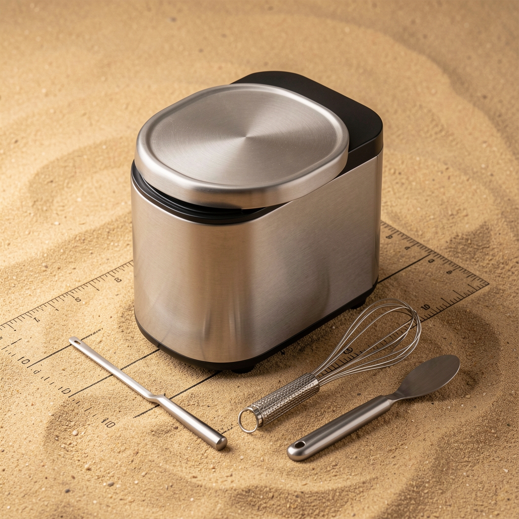 Composición editorial de accesorios de cocina compacta sobre una superficie arena con líneas de medida