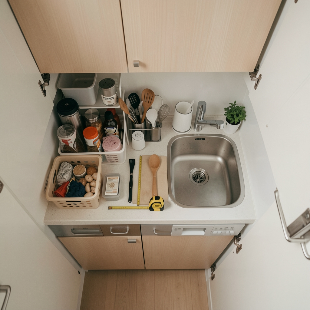 Vista cenital de una cocina compacta con cinta métrica, cajas organizadoras y utensilios ordenados sin presencia humana