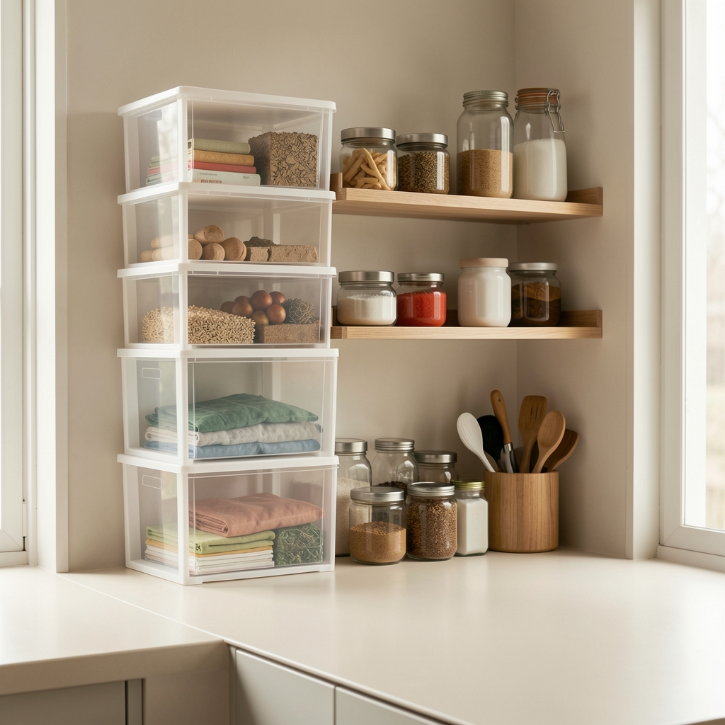 Composición de cocina compacta con estantes apilables, cajas transparentes y accesorios de almacenamiento sobre una mesada clara