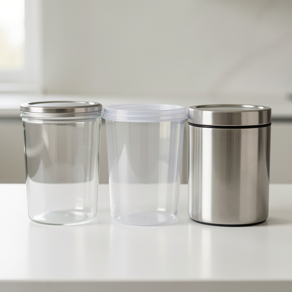 Tres contenedores de cocina de vidrio, plástico transparente y metal alineados sobre una mesada clara