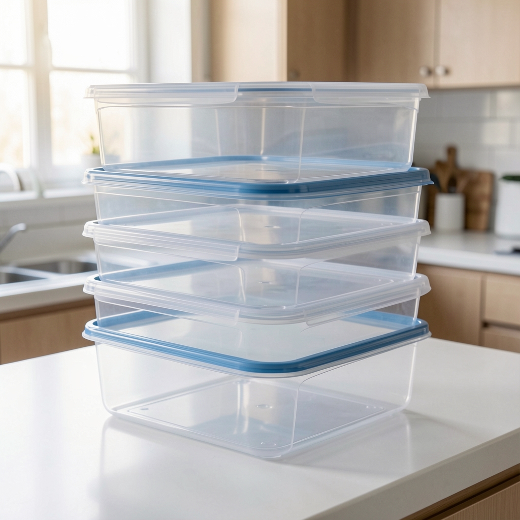 Contenedores de plástico transparente apilables con tapas herméticas sobre una superficie de cocina clara