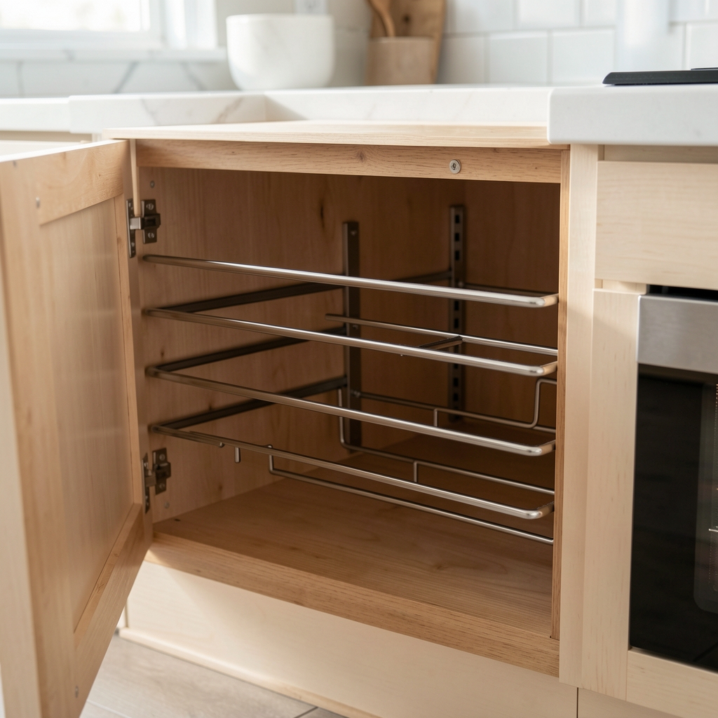 Cajón de cocina abierto mostrando guías metálicas y espacio interior disponible para un organizador