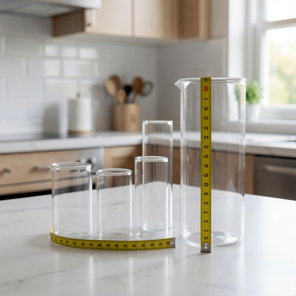 Cinta métrica junto a recipientes transparentes de diferentes alturas en una composición de cocina ordenada