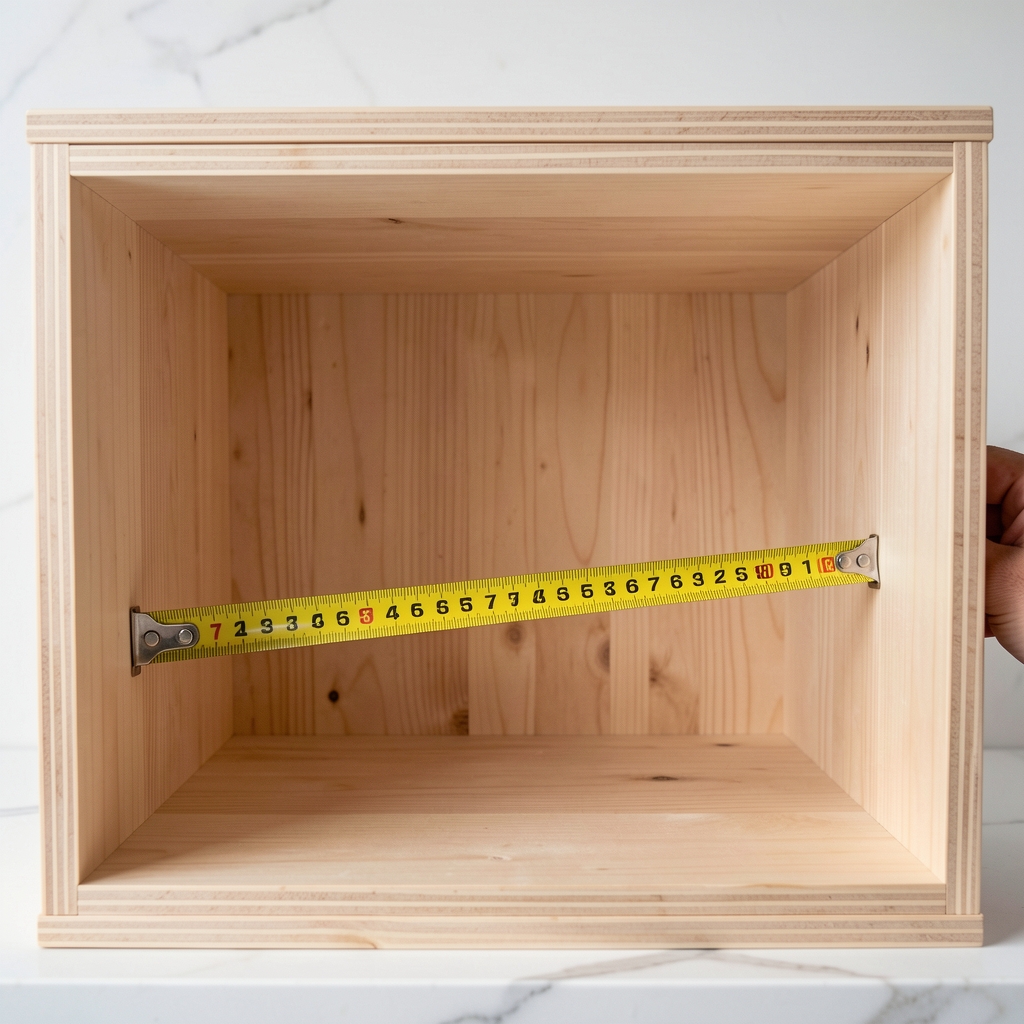 Cinta métrica midiendo el interior de un cajón de cocina de madera clara sin presencia de personas