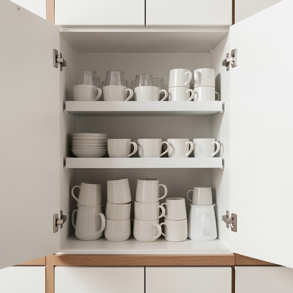 Organizador modular de cocina blanco con dos niveles y tazas ordenadas en una alacena