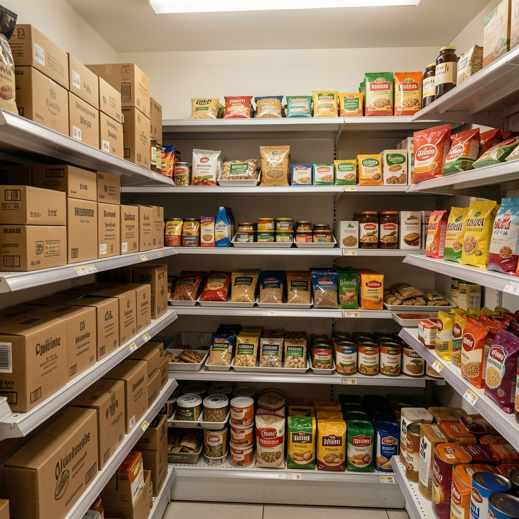 Despensa pequeña con cajas arena, bandejas y alimentos ordenados por categorías sin personas
