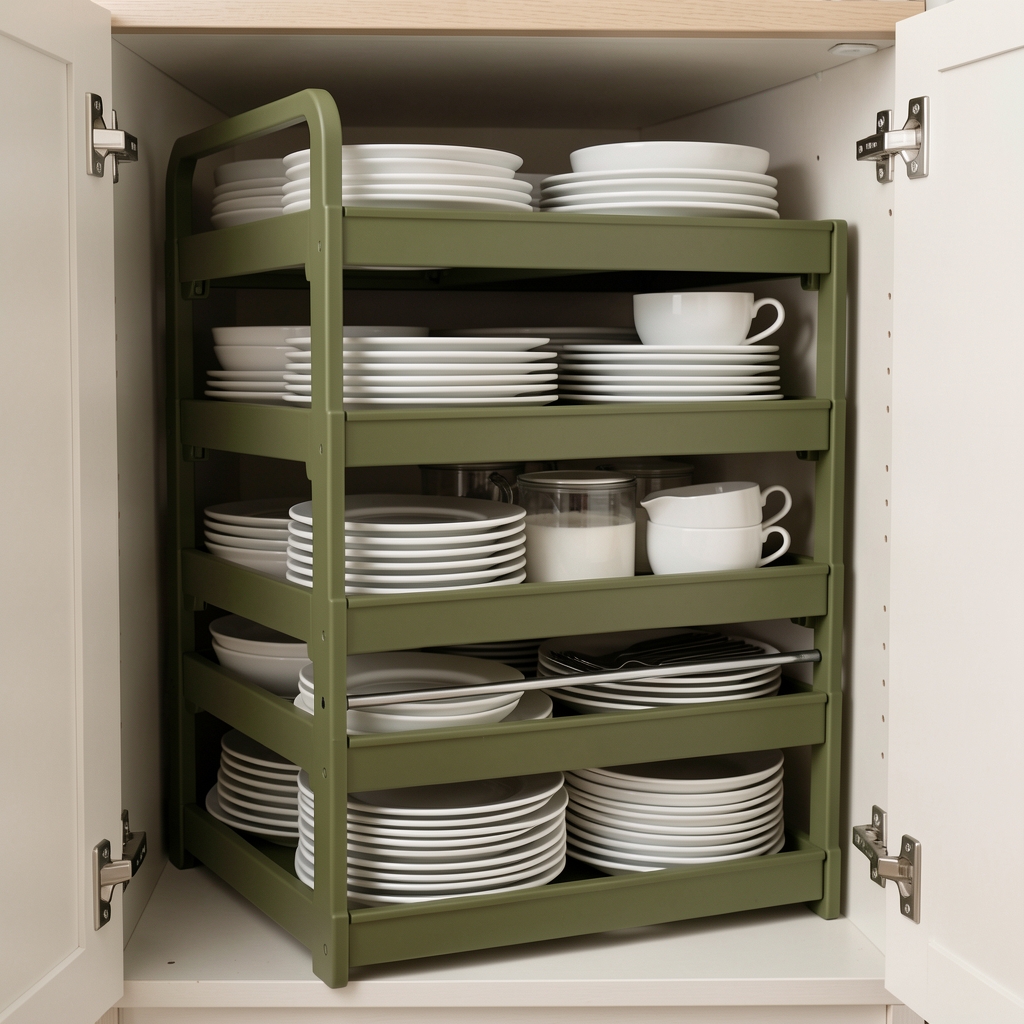 Estante apilable verde oliva con platos blancos y cuencos ordenados en dos niveles dentro de una alacena