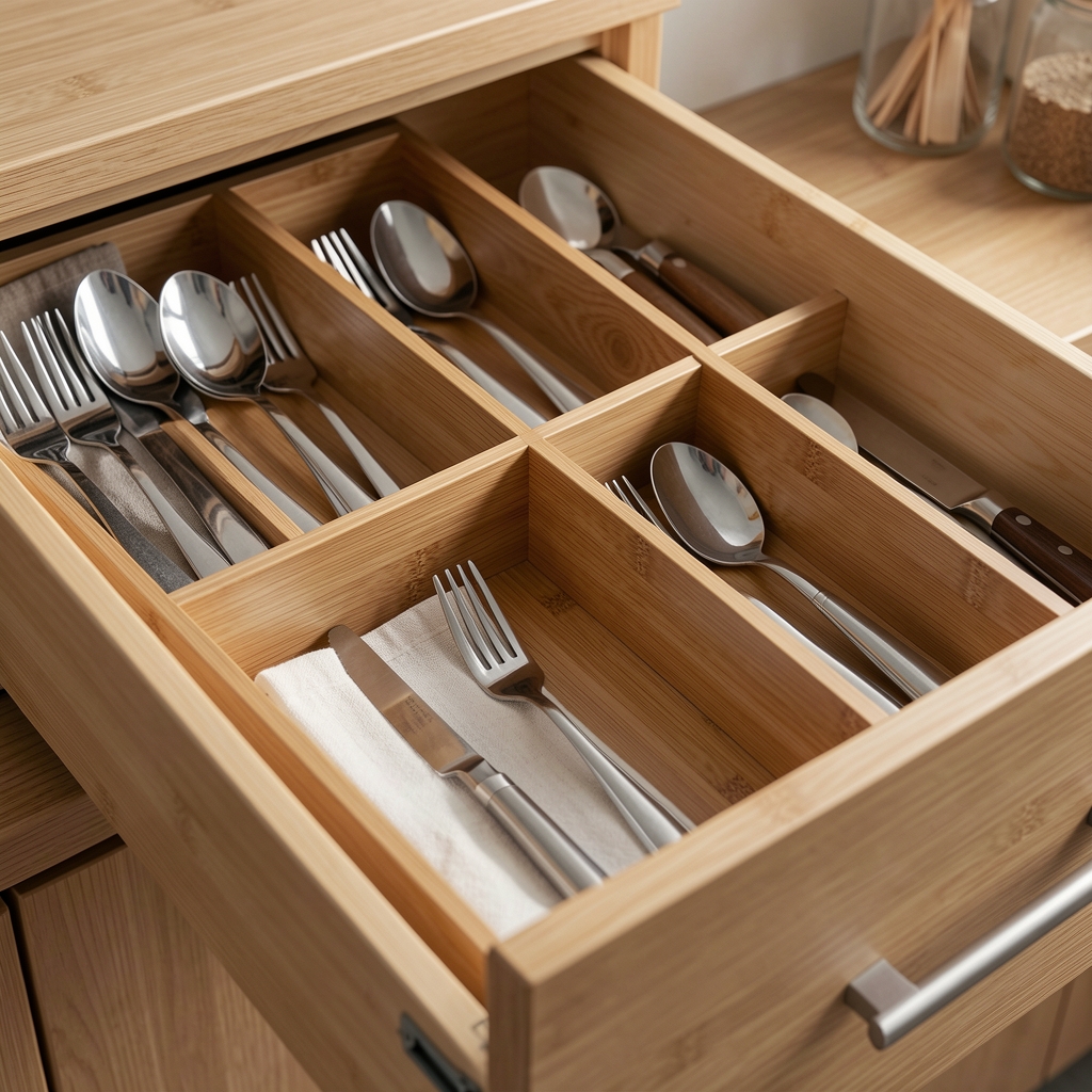 Separadores ajustables de bambú dividiendo un cajón con cubiertos y utensilios de cocina
