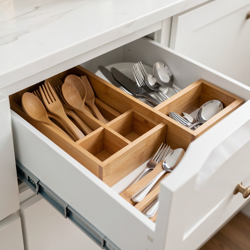 Separadores ajustables de bambú organizando cubiertos y utensilios en un cajón blanco de cocina