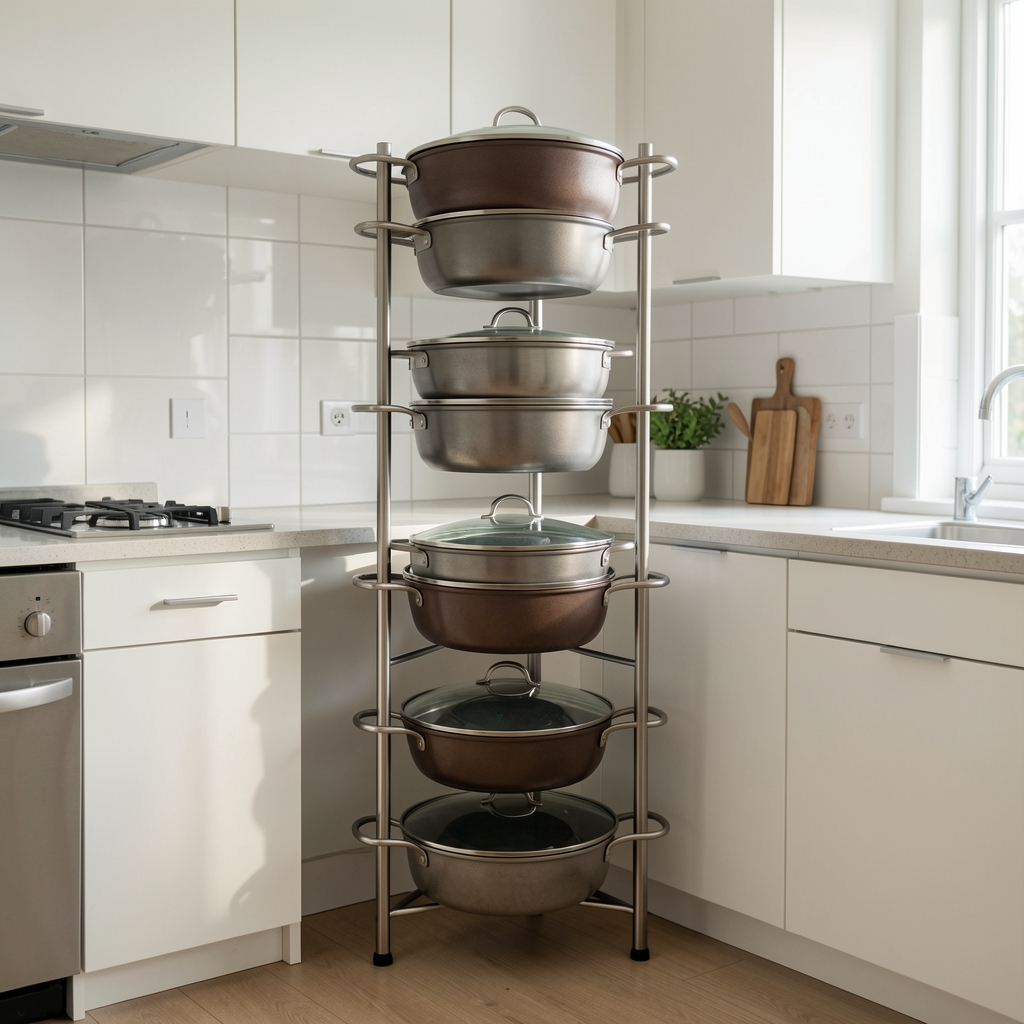 Soporte vertical de acero para seis tapas de ollas junto a una cocina limpia sin personas