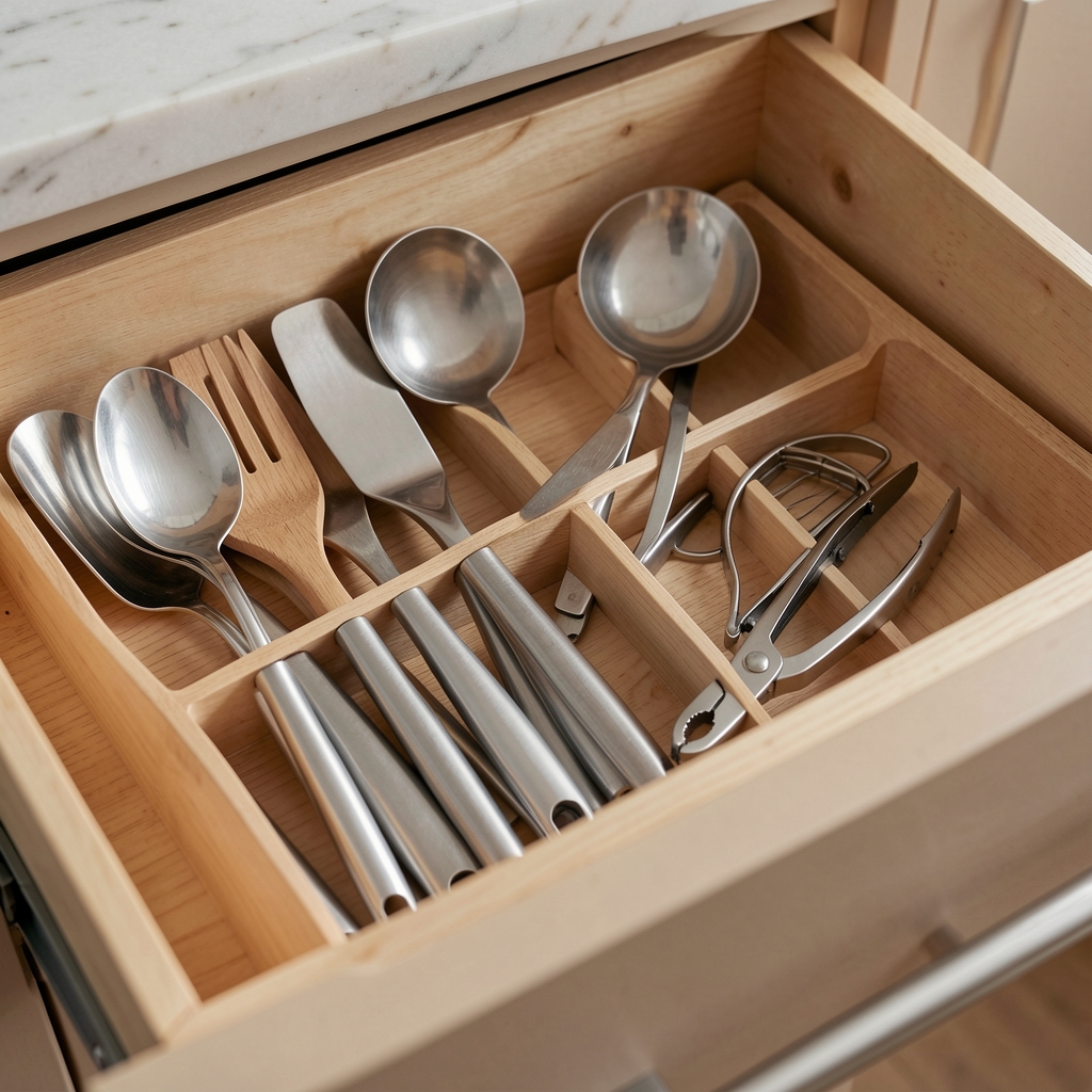 Cucharones, espátulas y pinzas de cocina organizados en compartimentos de un porta utensilios dentro de un cajón