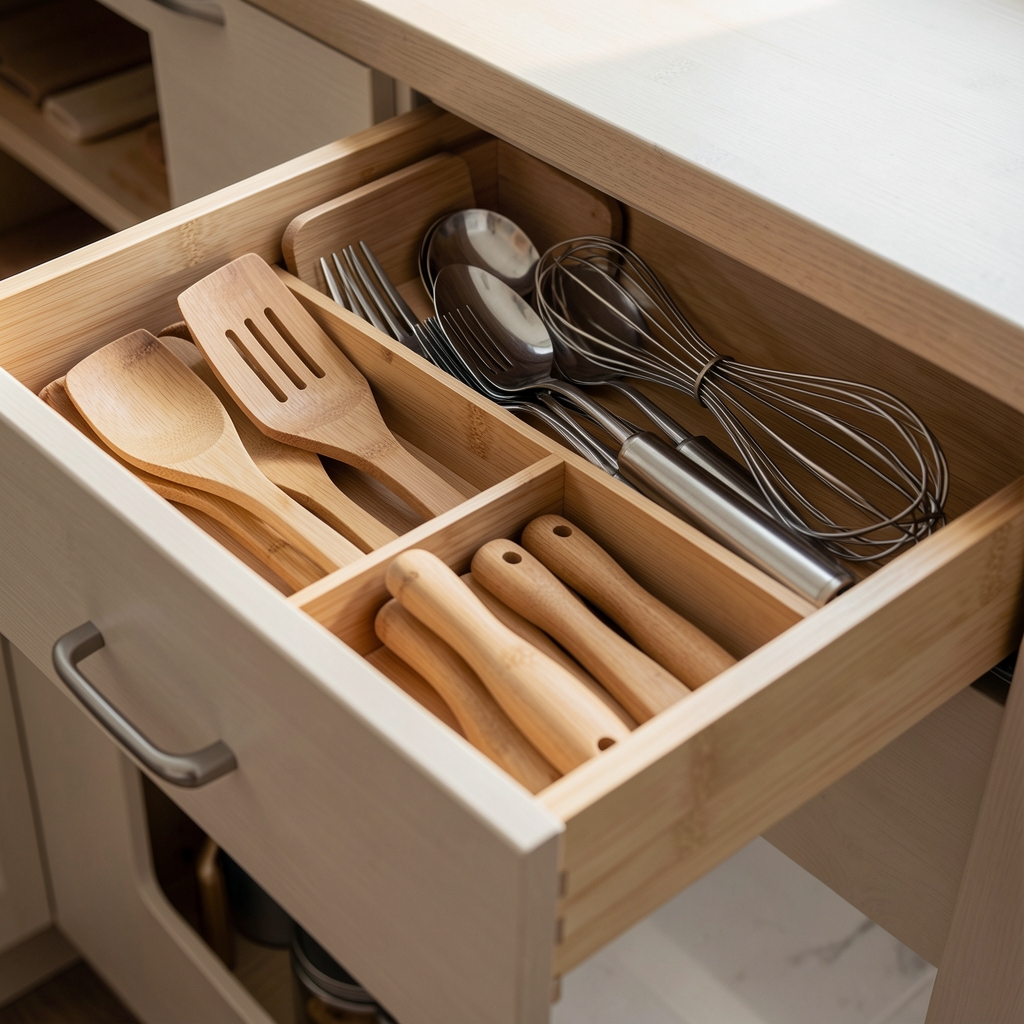 Porta utensilios de bambú con divisiones para espátulas, cucharas y batidores dentro de un cajón de cocina