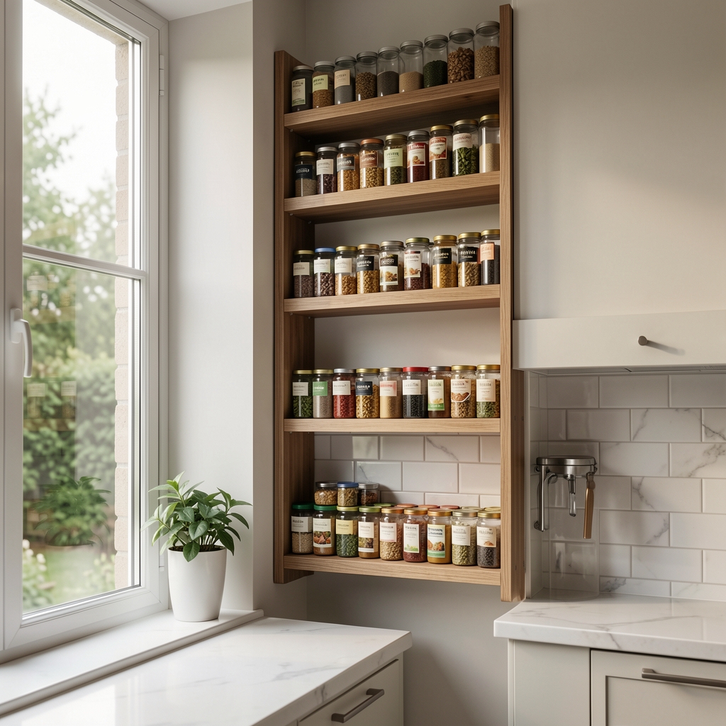 Especiero de pared con frascos alineados aprovechando espacio vertical junto a una ventana de cocina